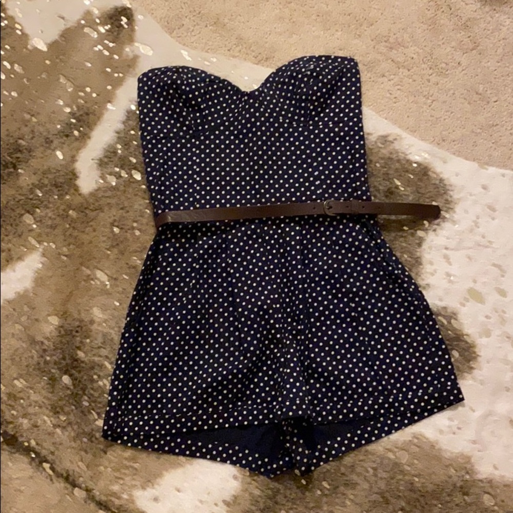 Navy polka dot sweetheart romper